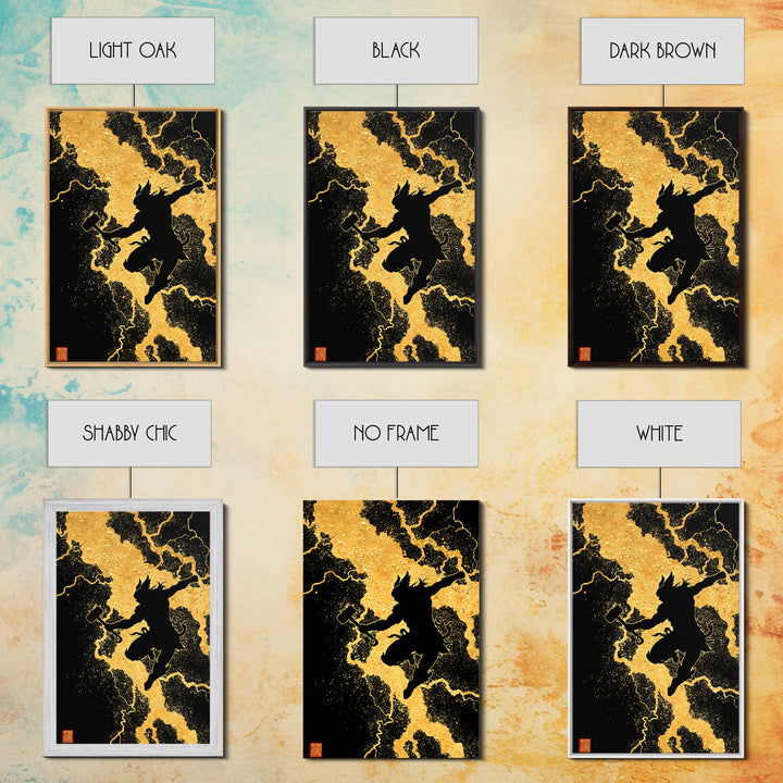 Silhouette Thor Jumping Canvas Gold Art Canvas Art Norse Viking God Wall Decor framed in natural wood, Office Art Dad Gift