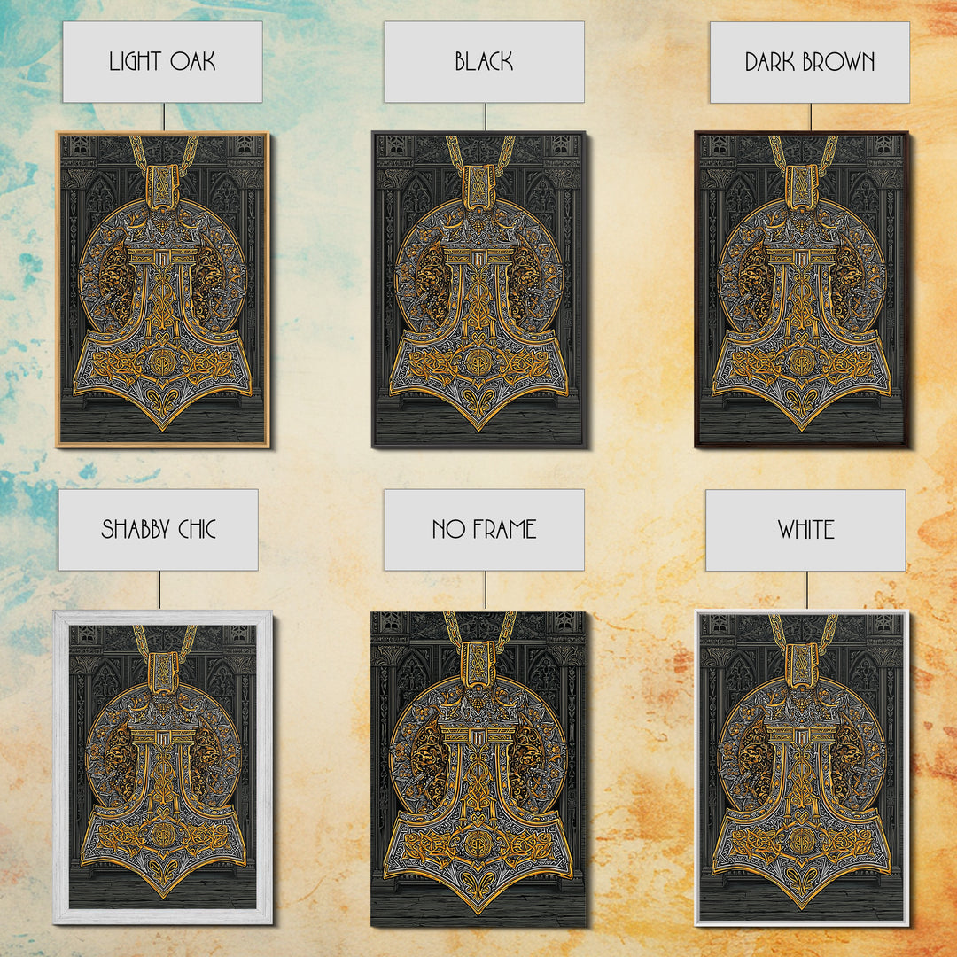 Thor’s Hammer Pendant Canvas Gold Art Nordic Canvas Art, Norse Mythology Wall Decor for Man Cave, framed in natural wood
