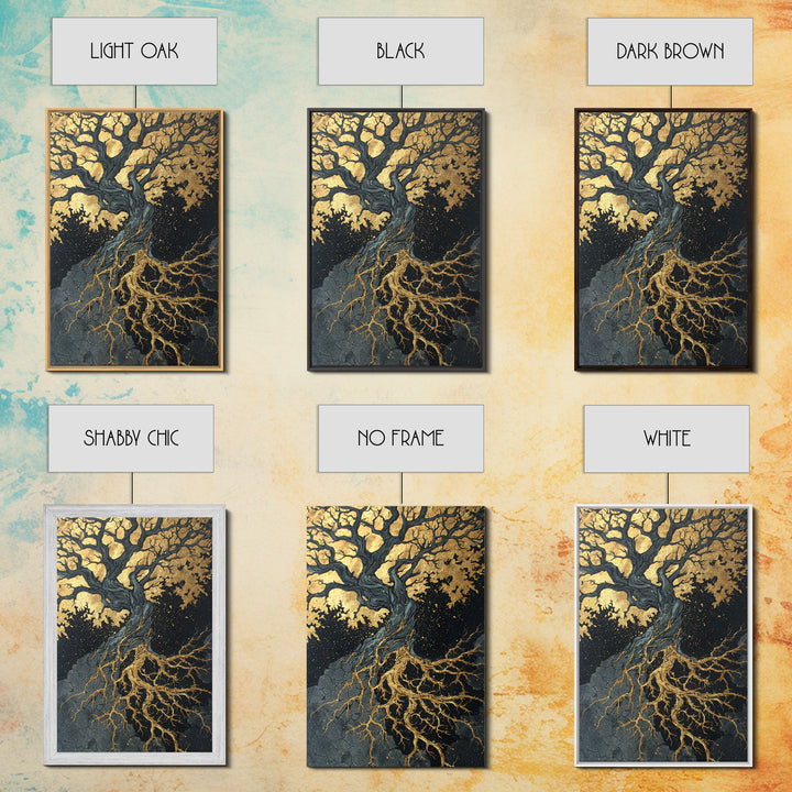 Canvas Gold Art Canvas Art Yggdrasil Tree of Life Norse Mythology Decor Viking Wall Art Nordic Office or Man Cave in Wood Frame