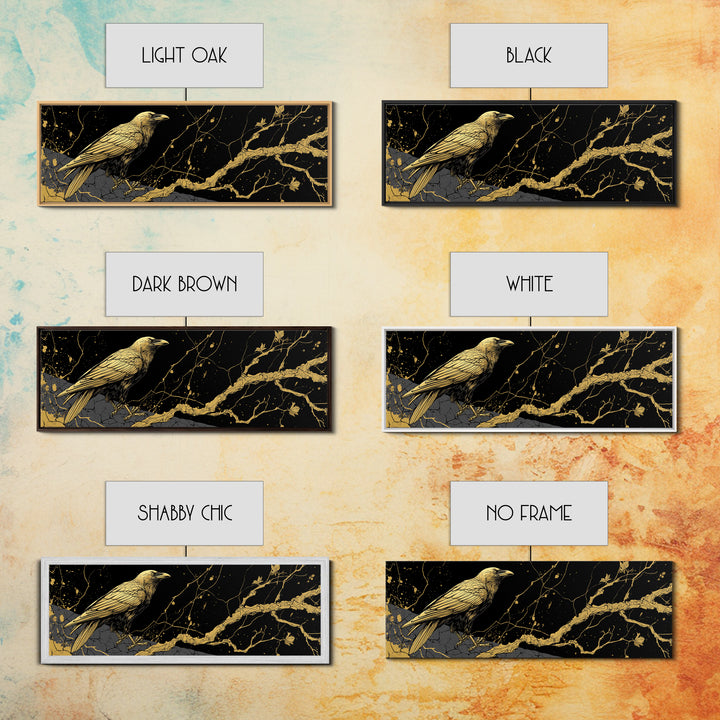 Odin’s Raven Canvas Gold Art Norse Mythology Canvas Art Viking Wall Decor with natural wood frame, Man Cave or Office Gift