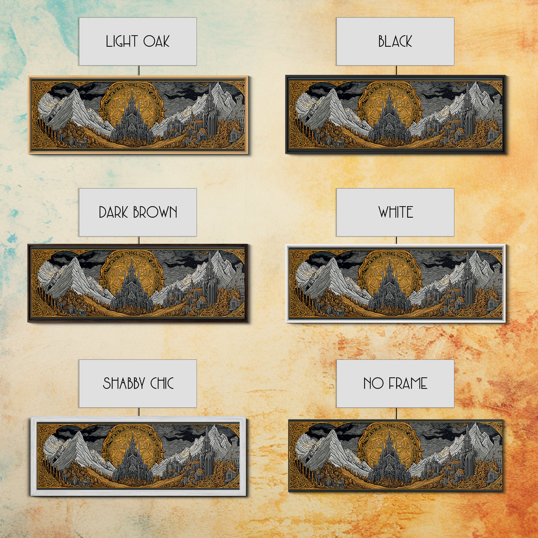 Asgard City Canvas Gold Art, Norse Mythology Canvas Art Wall Hanging, Nordic Office or Man Cave Decor framed in natural wood