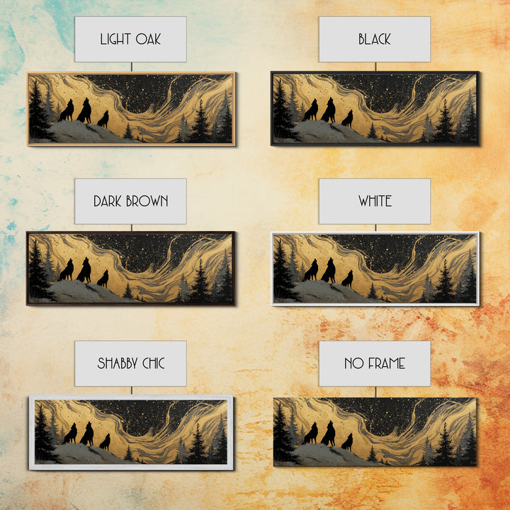 Nordic Wolves Under Stars Canvas Gold Art Canvas Art, Viking Mythology Night Sky Office Decor, framed in solid wood