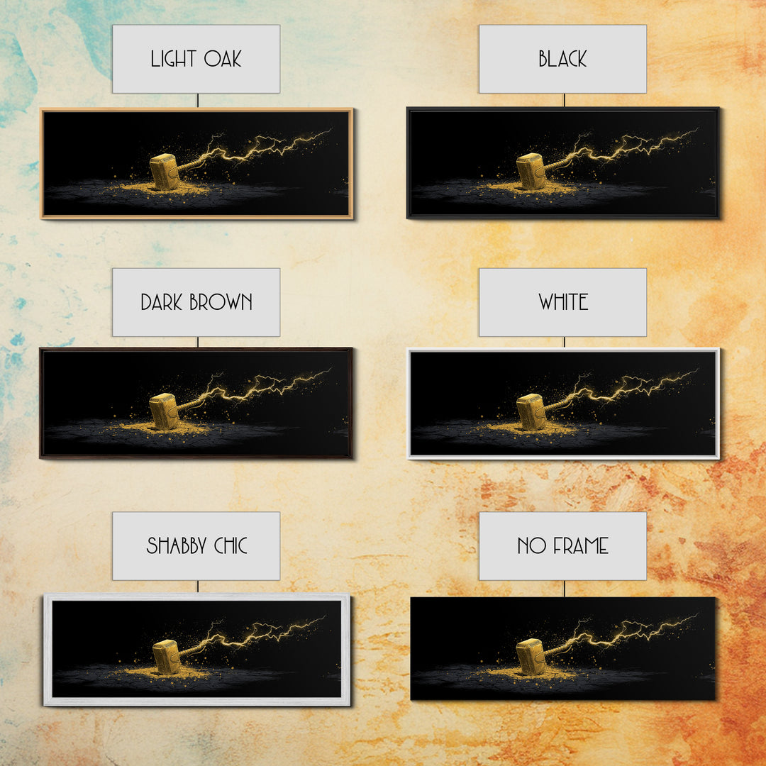 Canvas Gold Art Canvas Art – Thor’s Mjolnir with Lightning, Nordic Mythology Office Wall Art Dad Gift, natural wood framed