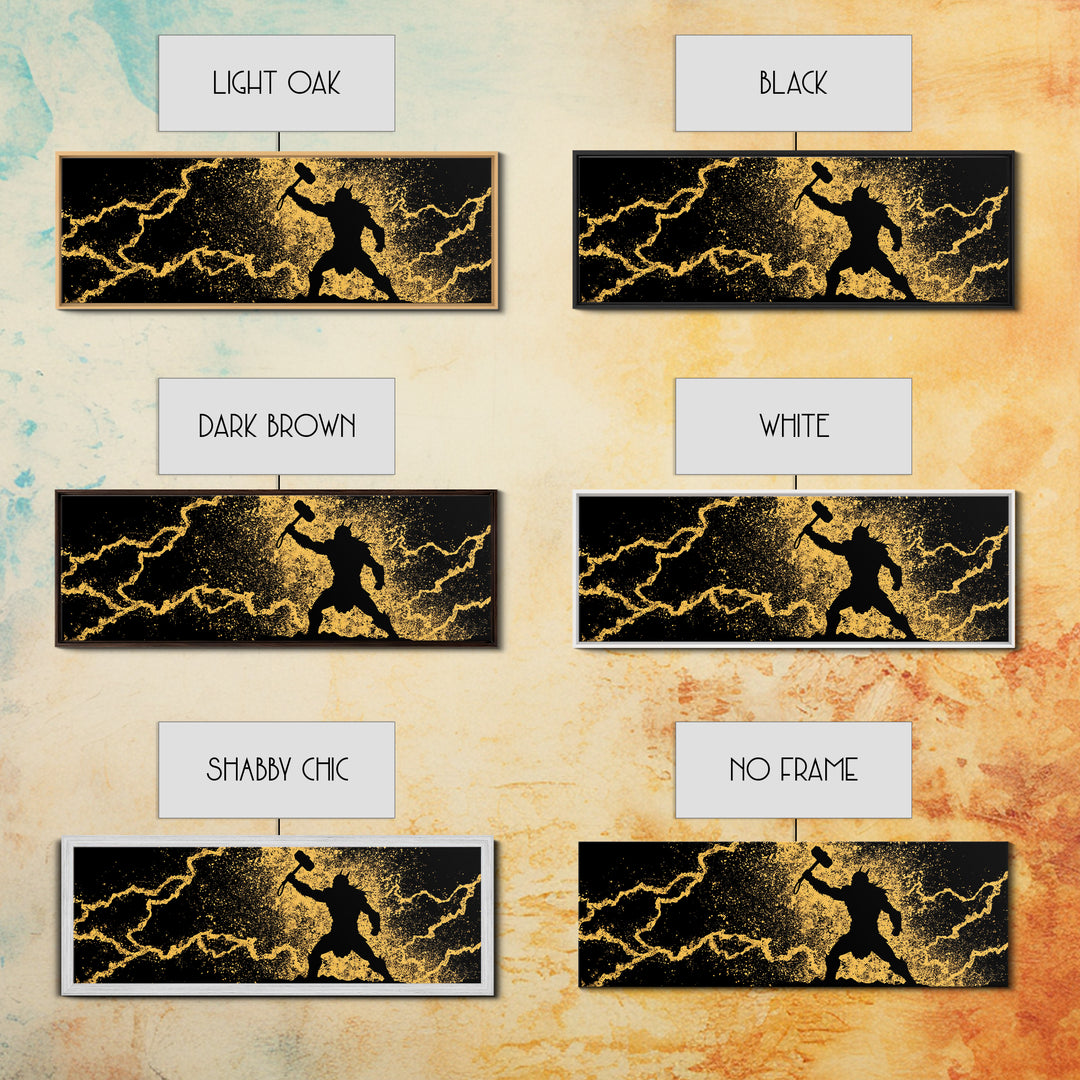 Nordic Thor with Mjolnir Canvas Gold Art Canvas Art Norse Mythology Wall Decor for Men’s Office, set in a real wood frame