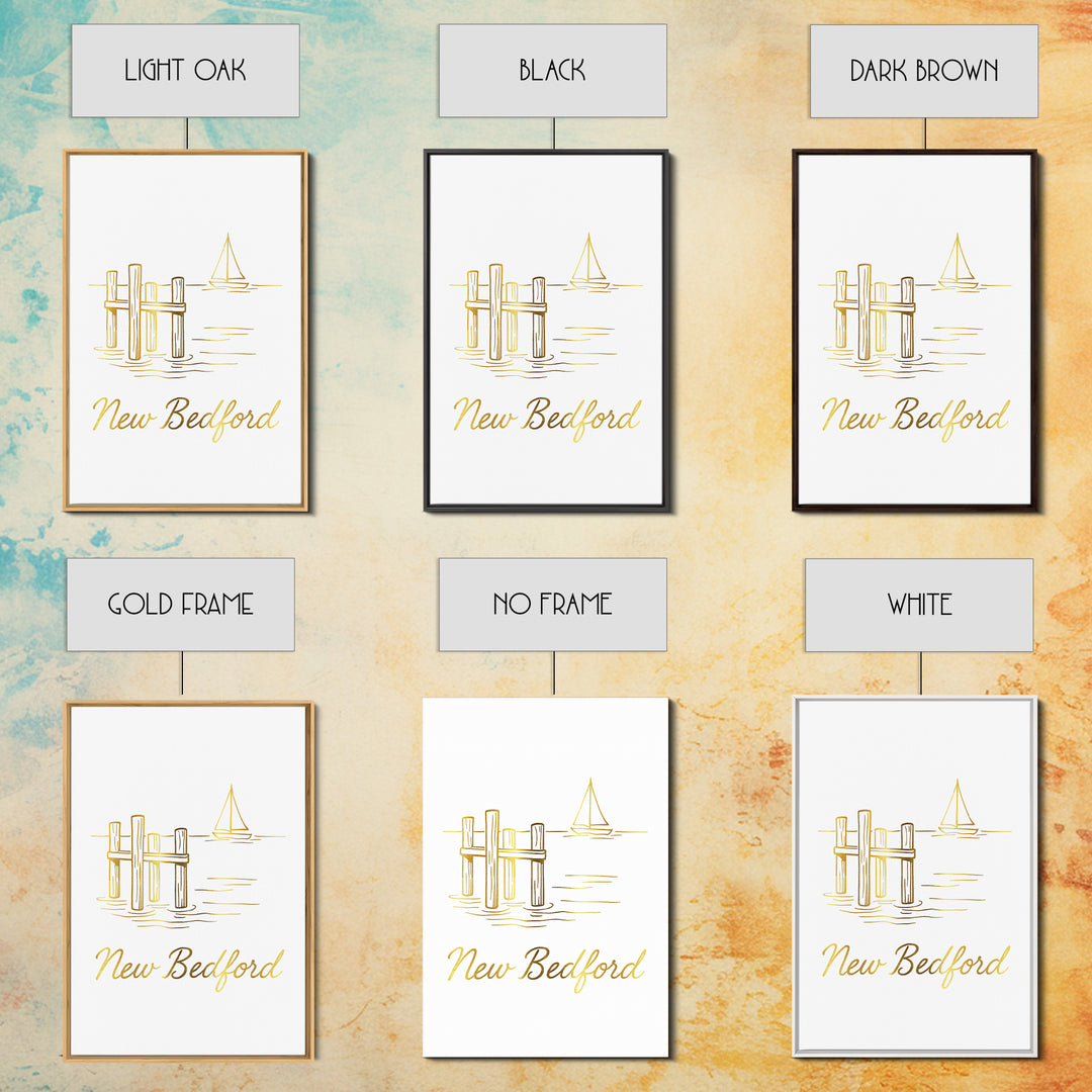 New Bedford Travel Poster, Framed Canvas Print, Minimalist Gold Line Art, New Bedford Travel Art, Living Room Wall Art, Modern Wall Decor