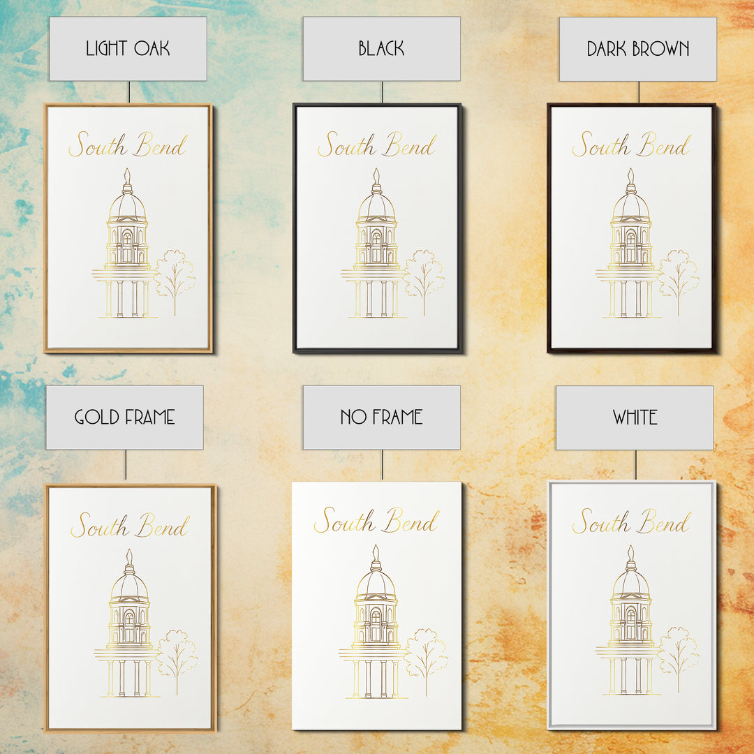 South Bend Travel Poster, Framed Canvas Print, Clean Sketch Wall Art, South Bend City Art, Vintage City Art, Vintage Travel Art