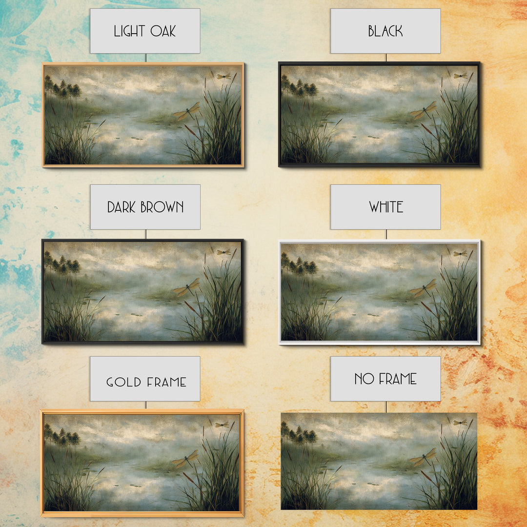 Dragonfly over a Pond with Reeds Canvas Print, Nature Art, Room Decor, Living Room Decor, Oil Painting, Nature, Wall Hangings, NAT-2x1-62