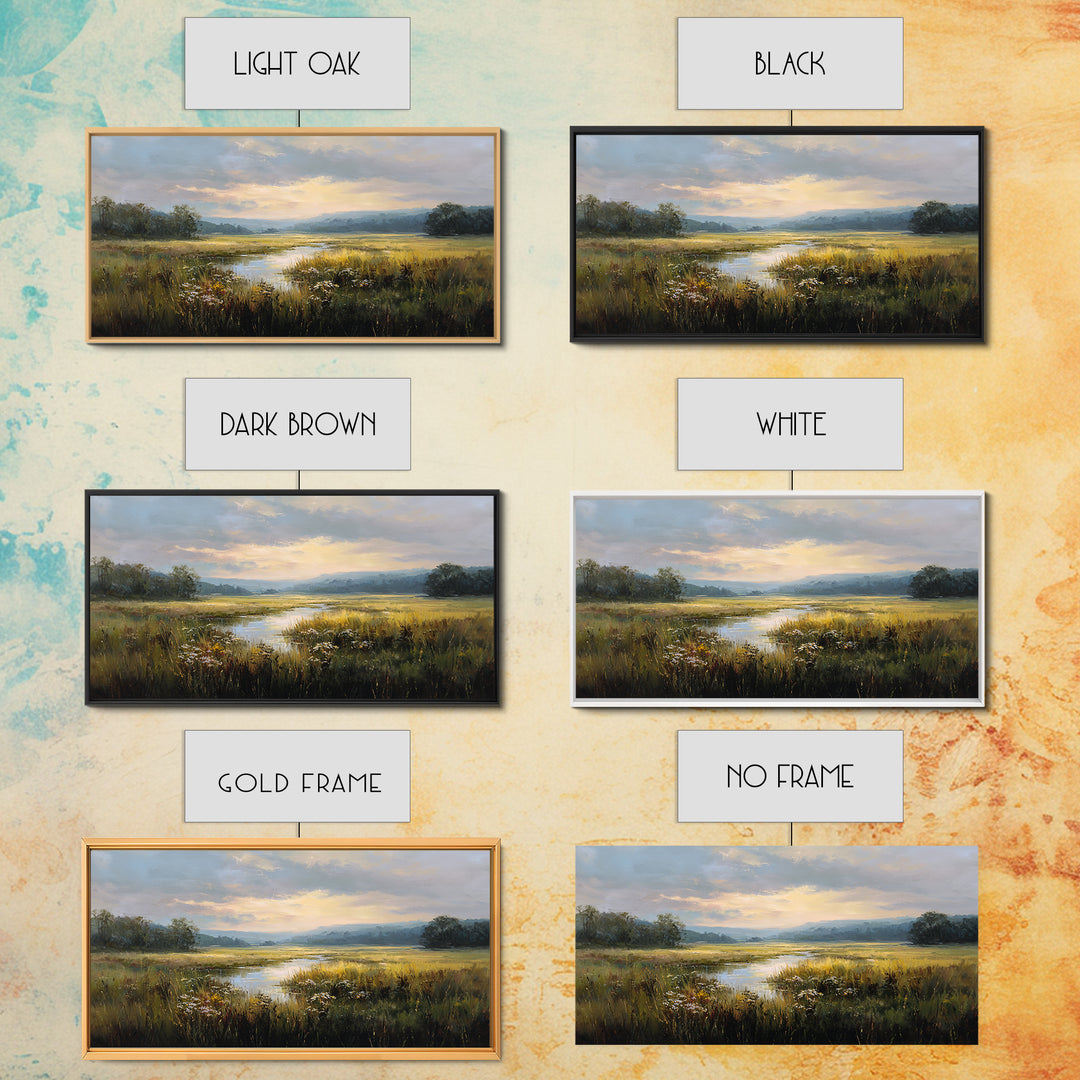 Sunrise Through Tall Grass and Wildflowers Framed Canvas Print, Nature Art, Poster, Living Room Decor, Watercolor Art, Nature, NAT-2x1-7