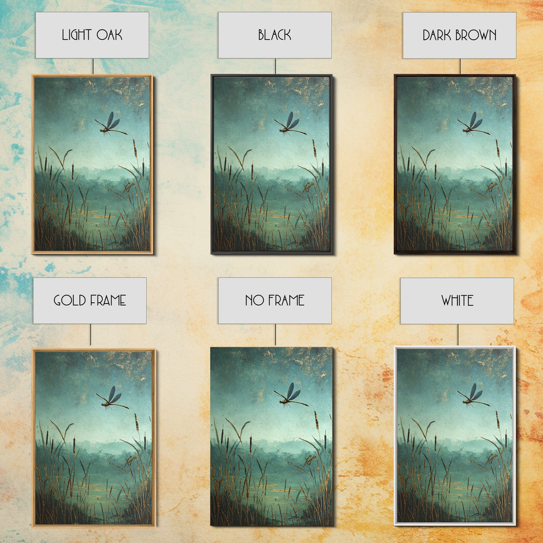 Dragonfly over a Pond with Reeds Framed Canvas Print, Nature Art, Boho Decor, Living Room Decor, Abstract Art, Nature, NAT-2x3-2