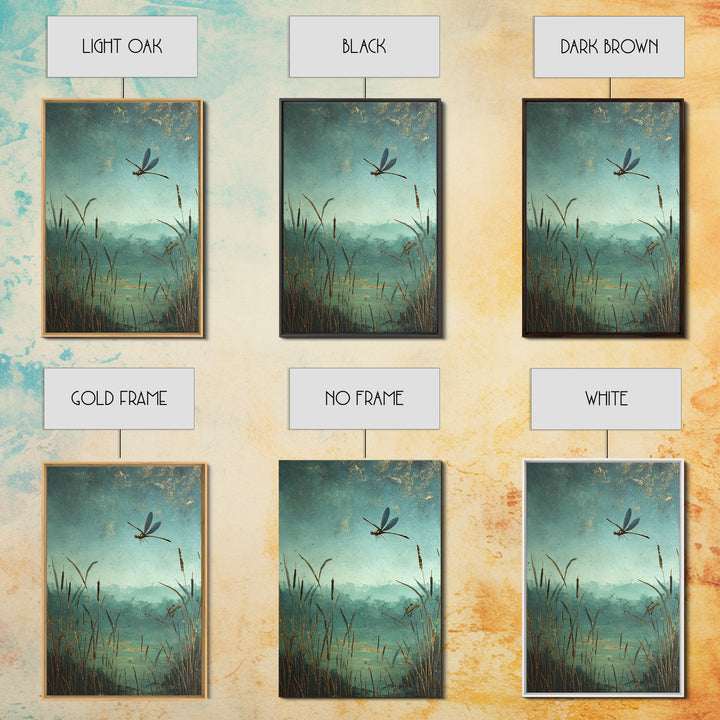 Dragonfly over a Pond with Reeds Framed Canvas Print, Nature Art, Boho Decor, Living Room Decor, Abstract Art, Nature, NAT-2x3-2