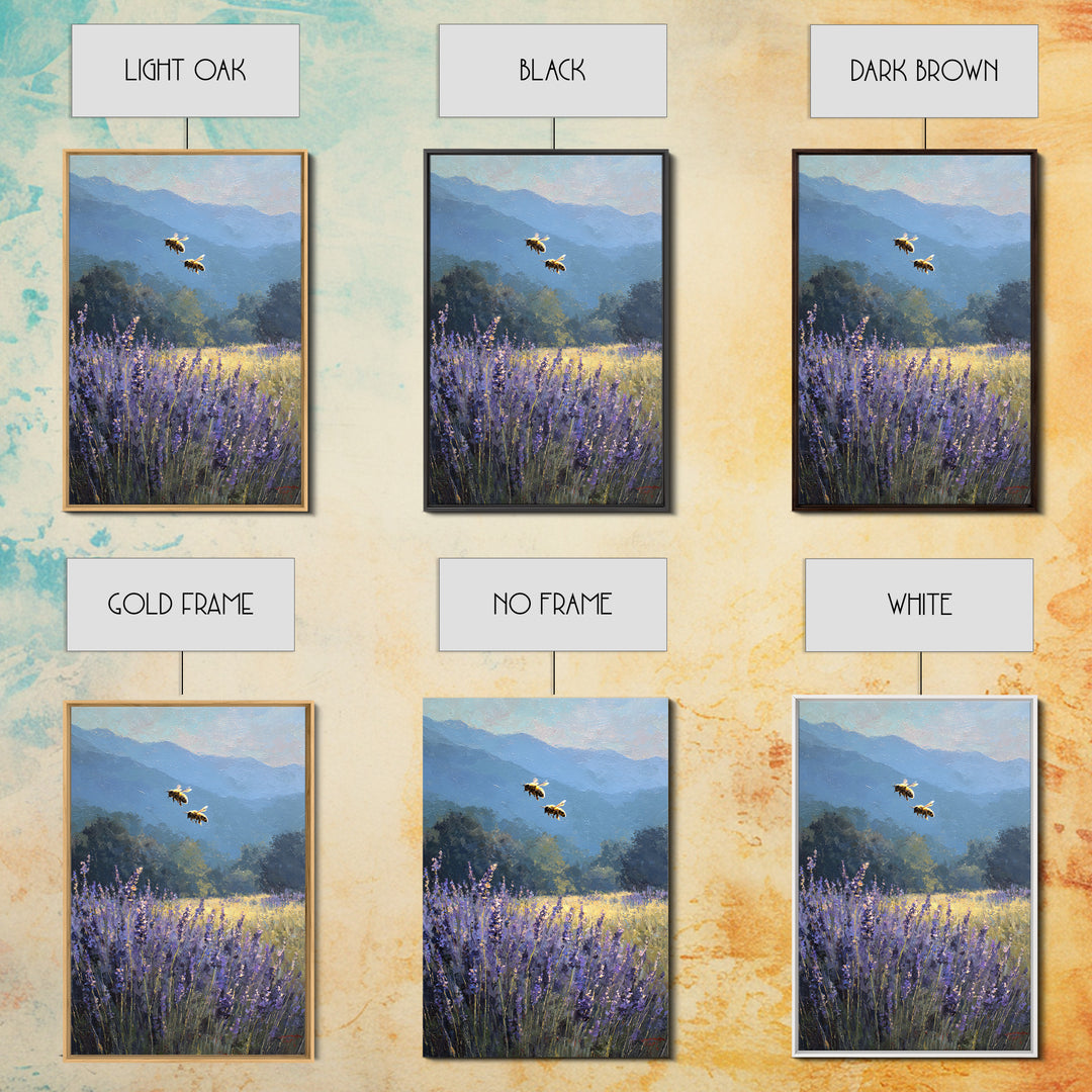 Bees Circling Lavender Blossoms Framed Canvas Print, Nature Art, Textured Painting, Living Room Decor, Fine Art, Nature, NAT-2x3-55