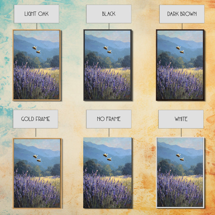 Bees Circling Lavender Blossoms Framed Canvas Print, Nature Art, Textured Painting, Living Room Decor, Fine Art, Nature, NAT-2x3-55