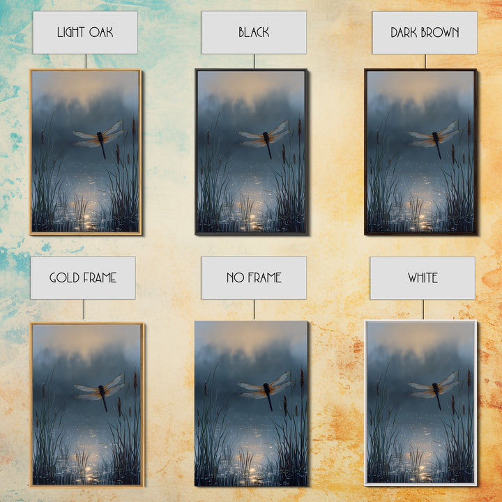 Dragonfly over a Pond with Reeds Framed Canvas Print, Nature Art, Art, Living Room Decor, Watercolor Art, Nature, 3d Wall Art, NAT-2x3-74