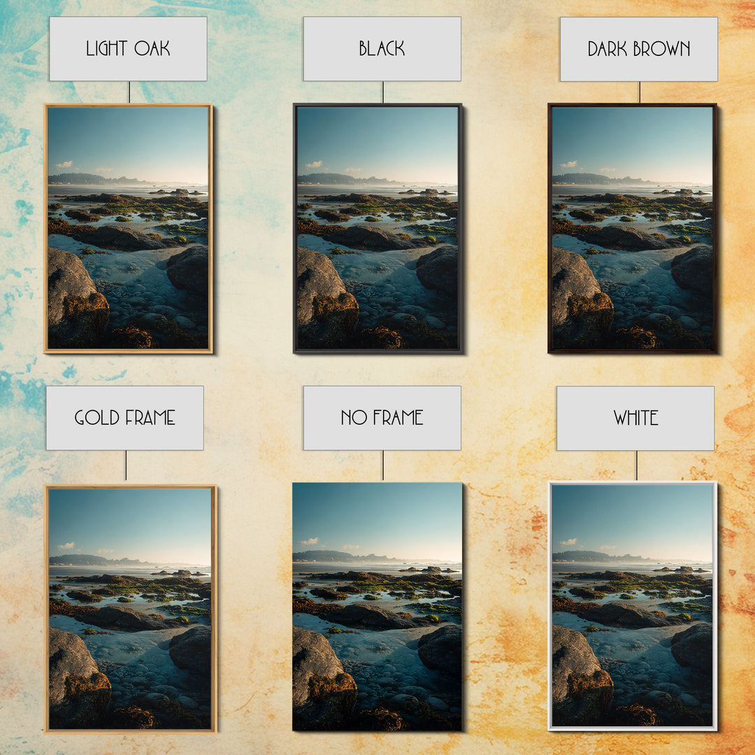 Calm Beach Tide Pooling Around Rocks Framed Canvas Print, Nature Art, Stained Glass Art, Living Room Decor, Oil Painting, NAT-2x3-8