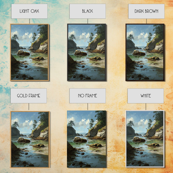 Calm Beach Tide Pooling Around Rocks Framed Canvas Print, Nature Art, Living Room Decor, Watercolor Art, Nature, NAT-2x3-80