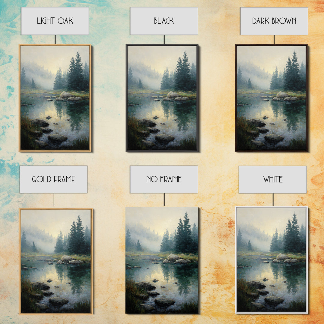 Misty Mountain Lake Framed Canvas Print, Nature Art, Abstract Wall Art, Living Room Decor, Oil Painting, Nature, Bird Wall Art, NAT-2x3-85