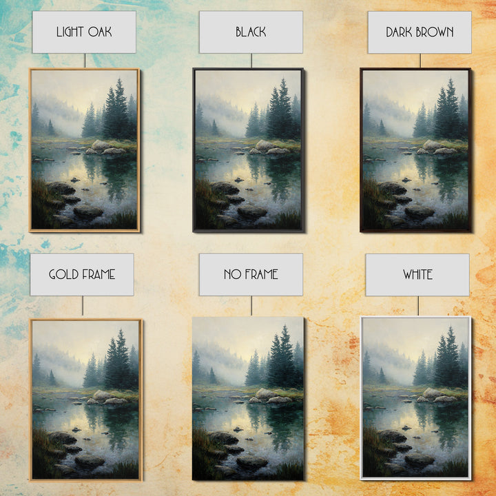 Misty Mountain Lake Framed Canvas Print, Nature Art, Abstract Wall Art, Living Room Decor, Oil Painting, Nature, Bird Wall Art, NAT-2x3-85