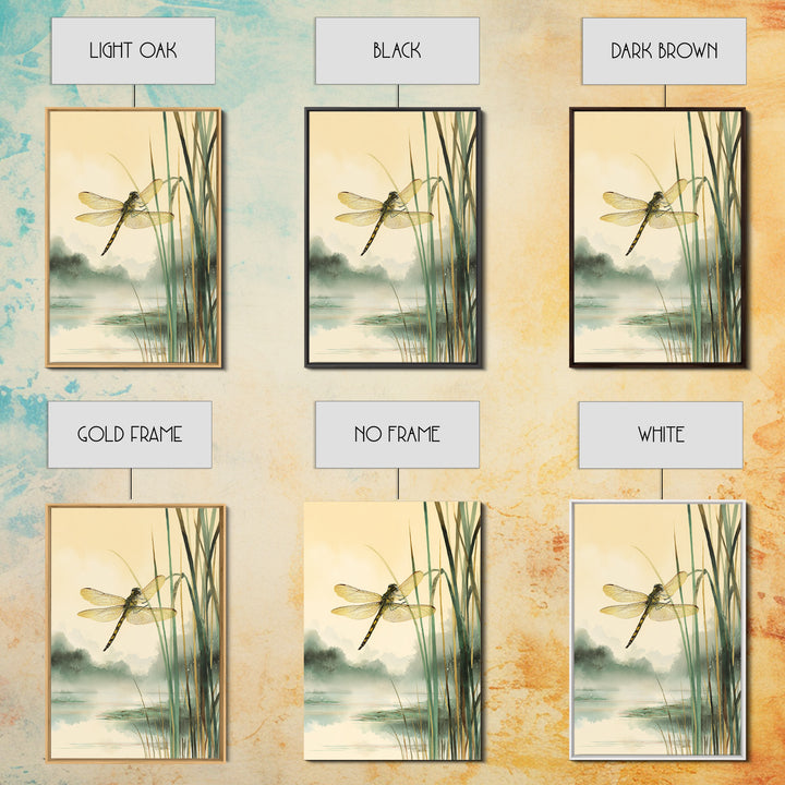 Dragonfly over a Pond with Reeds Framed Canvas Print, Nature Art, Art, Living Room Decor, Watercolor Art, Nature, 3d Wall Art, NAT-2x3-98