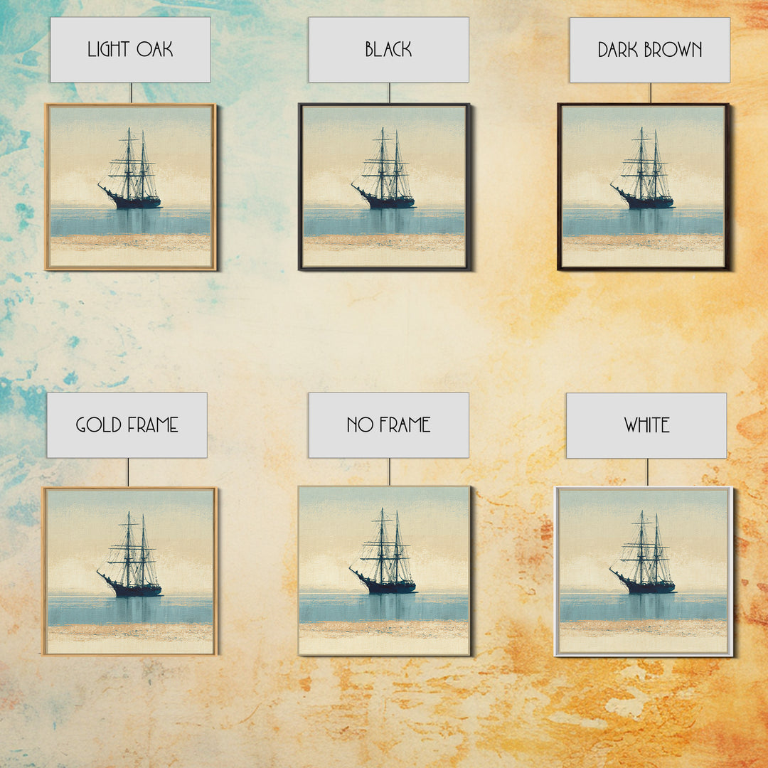 Tall Ship Silhouette at Sunset Framed Canvas Print, Nautical Art, Printable, Coastal Decor, Fine Art, Harbor, Beach Decor, NAU-1x1-8