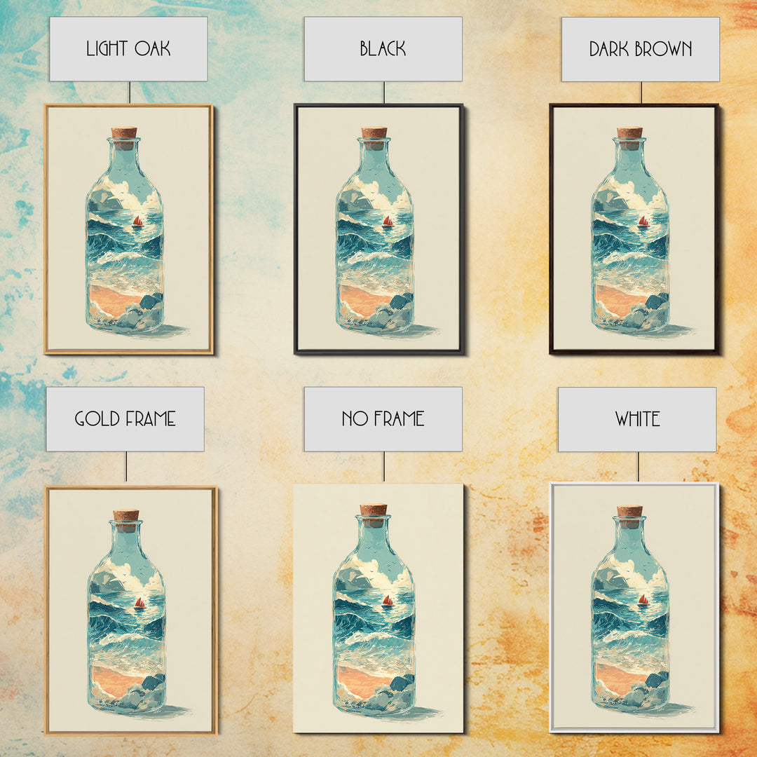 Bottle with Tiny Ship and Ocean Inside Framed Canvas Print, Nautical Art, Modern Decor, Coastal Decor, Fine Art, Harbor, NAU-2x3-24