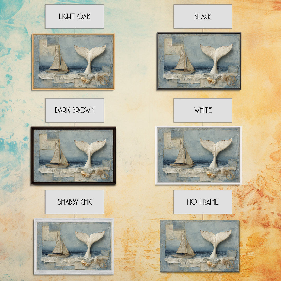 Whale Tail Beside Small Sailboat Framed Canvas Print, Nautical Art, Digital Print, Coastal Decor, Fine Art, Harbor, Beach Print, NAU-3x2-14