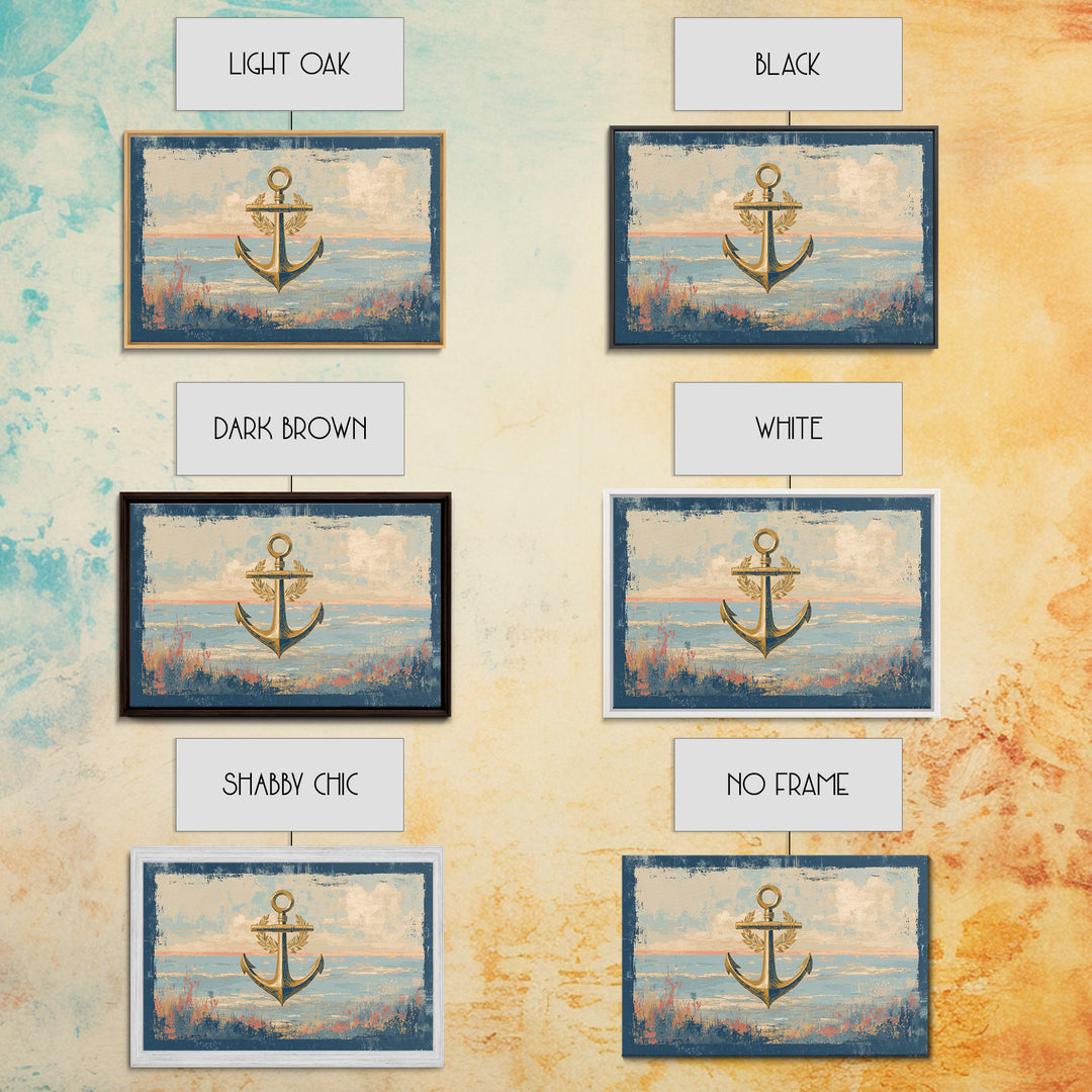Anchor and Laurel Nautical Crest Without Text Framed Canvas Print, Nautical Art, Beach Decor, Coastal Decor, Fine Art, Harbor, NAU-3x2-9