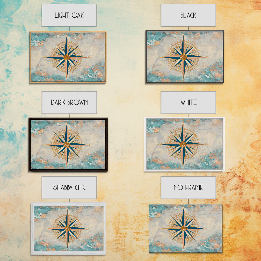 Nautical Star Compass Rose Framed Canvas Print, Nautical Art, Beach Print, Coastal Decor, Fine Art, Harbor, Luxury Decor, NAU-3x2-90