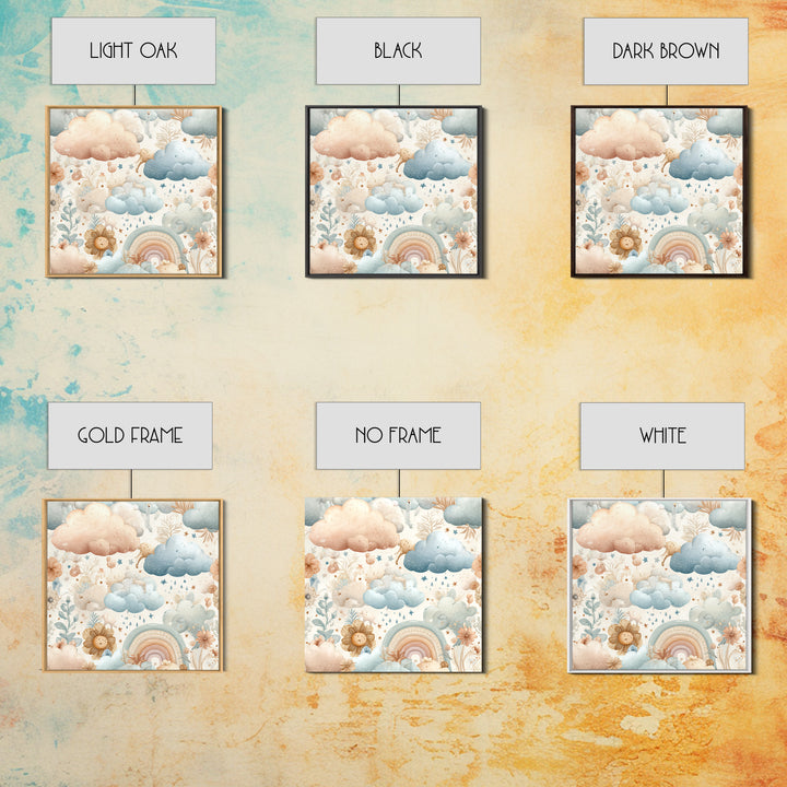 Cloud Rainbow and Raindrop Composition Framed Canvas Print, Nursery Decor, Wall Light, Fine Art, Nursery, Statement Artwork, NDE-1x1-68