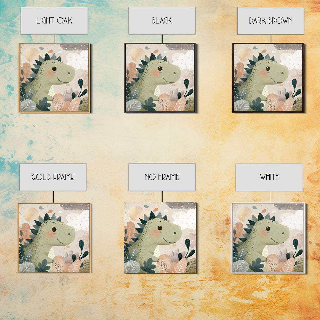 Gentle Dinosaur Family Framed Canvas Print, Nursery Decor, Boho Decor, Oil Painting, Nursery, Nursery Wall Art, Framed Wall Art, NDE-1x1-79