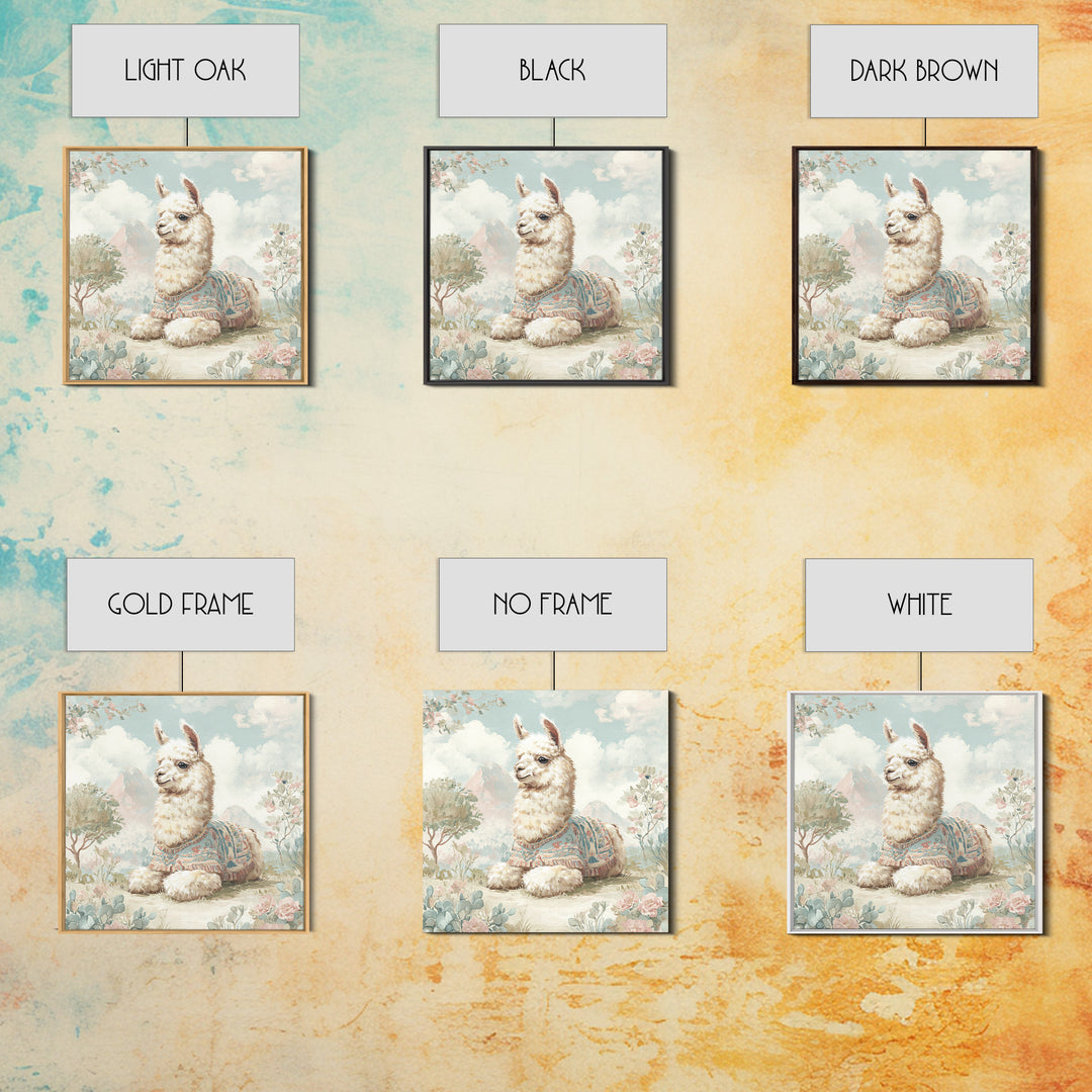 Cute Llama with Blanket Pattern Framed Canvas Print, Nursery Decor, Wall Art, Oil Painting, Nursery, Nursery Wall Decor, NDE-1x1-93