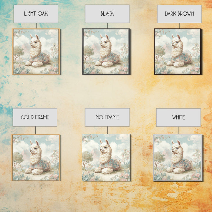 Cute Llama with Blanket Pattern Framed Canvas Print, Nursery Decor, Wall Art, Oil Painting, Nursery, Nursery Wall Decor, NDE-1x1-93