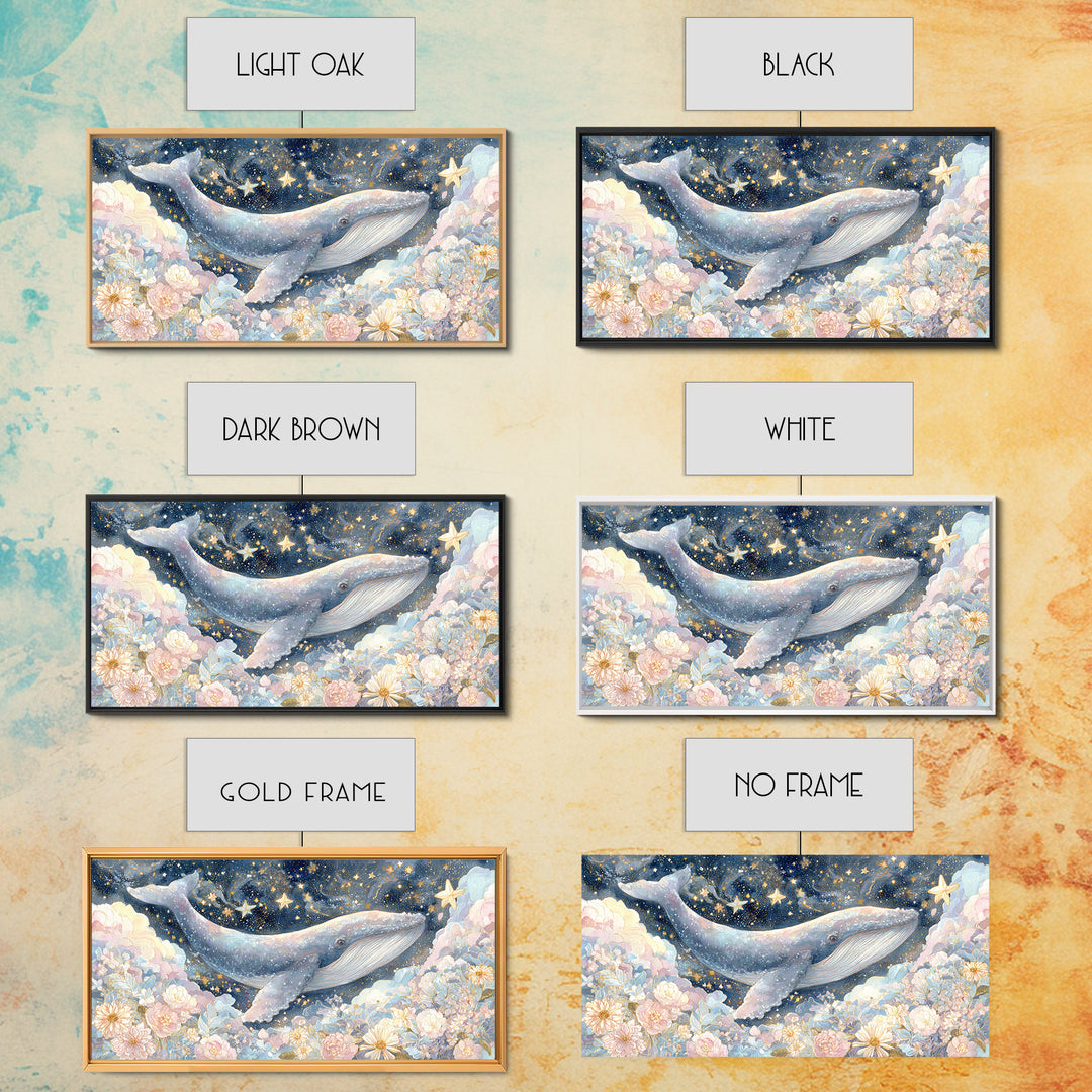 Baby Whale Swimming Through Stars Framed Canvas Print, Nursery Decor, Wall Light, Fine Art, Nursery, Statement Artwork, NDE-2x1-100