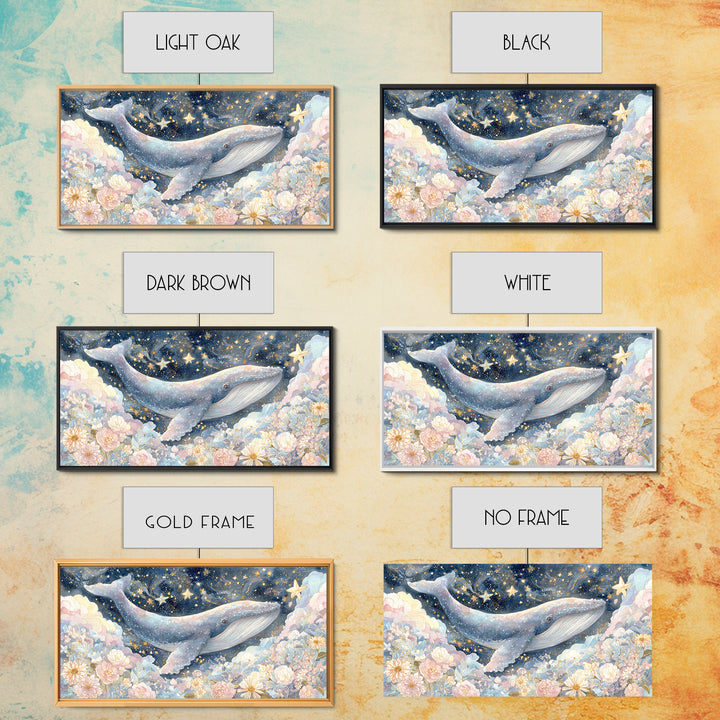 Baby Whale Swimming Through Stars Framed Canvas Print, Nursery Decor, Wall Light, Fine Art, Nursery, Statement Artwork, NDE-2x1-100