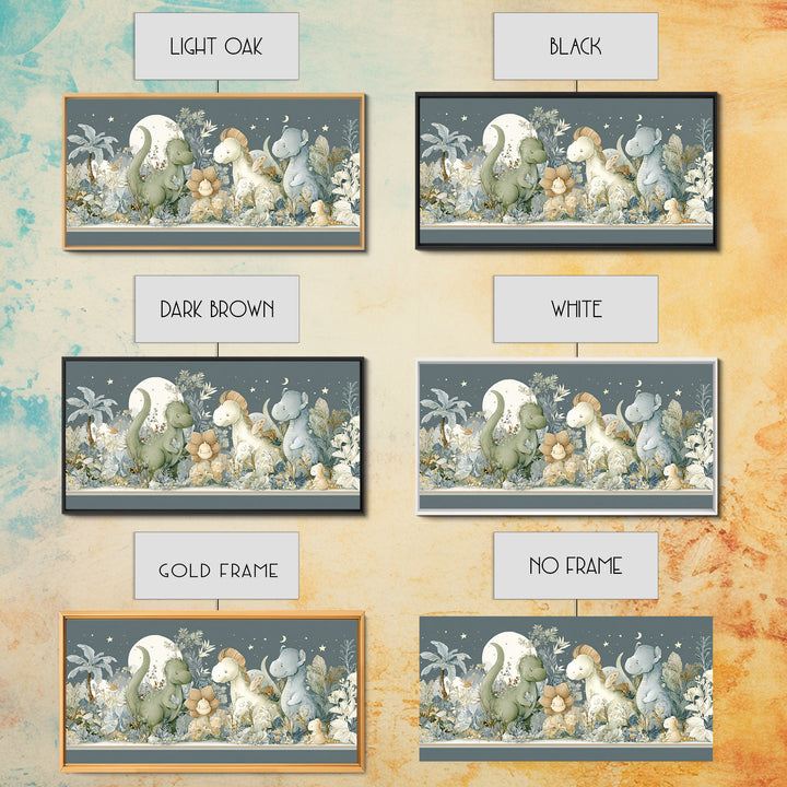 Gentle Dinosaur Family Framed Canvas Print, Nursery Decor, Boho Decor, Oil Painting, Nursery, Nursery Wall Art, Framed Wall Art, NDE-2x1-27