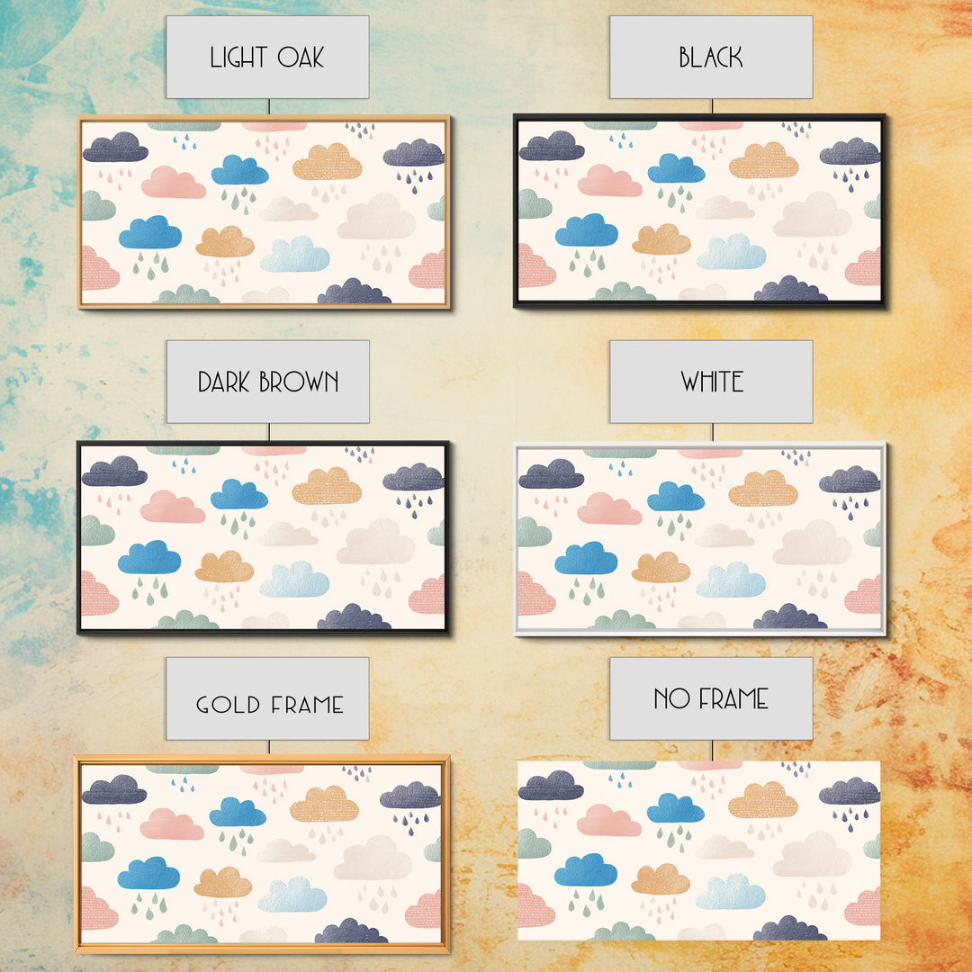 Cloud Rainbow and Raindrop Composition Framed Canvas Print, Nursery Decor, Wall Decor, Nursery, Woodland Nursery Decor, NDE-2x1-40