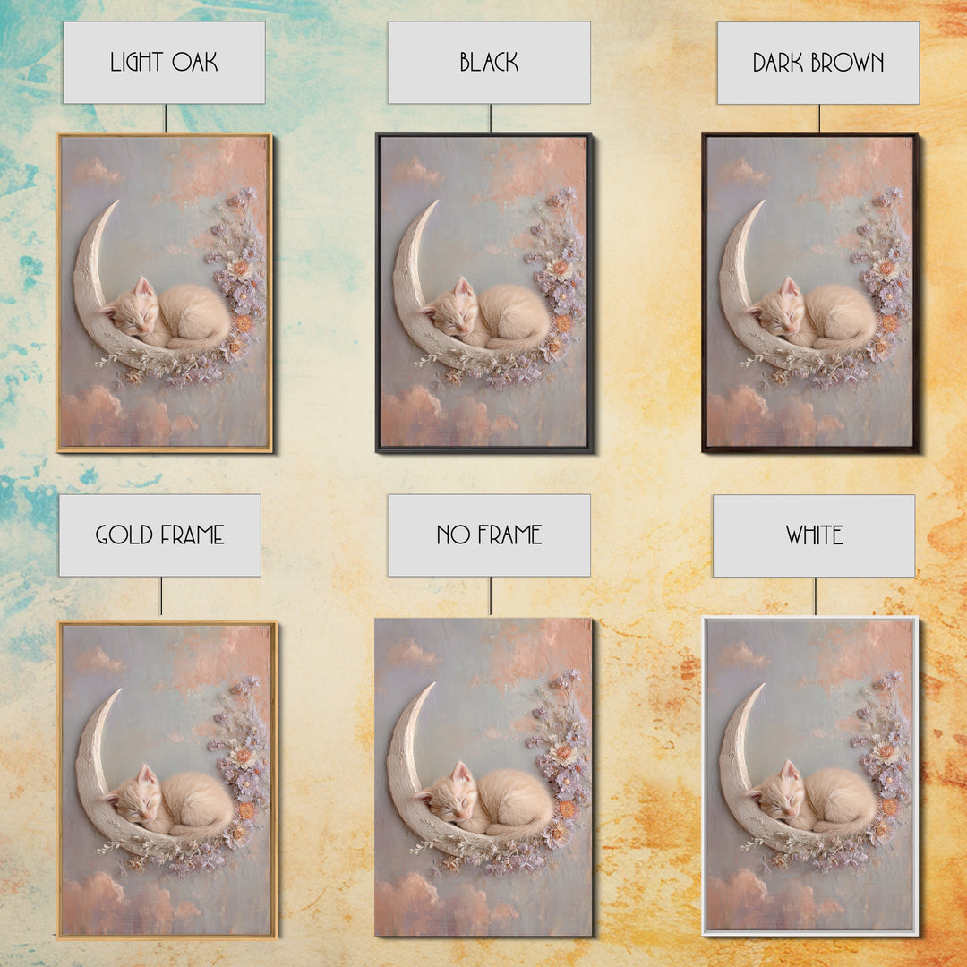 Sleeping Kitten on Crescent Moon Framed Canvas Print, Nursery Decor, Framed Wall Art, Fine Art, Nursery, Safari Nursery Decor, NDE-2x3-1