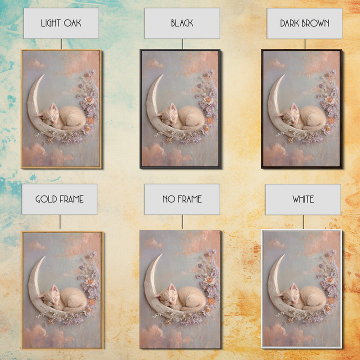 Sleeping Kitten on Crescent Moon Framed Canvas Print, Nursery Decor, Framed Wall Art, Fine Art, Nursery, Safari Nursery Decor, NDE-2x3-1