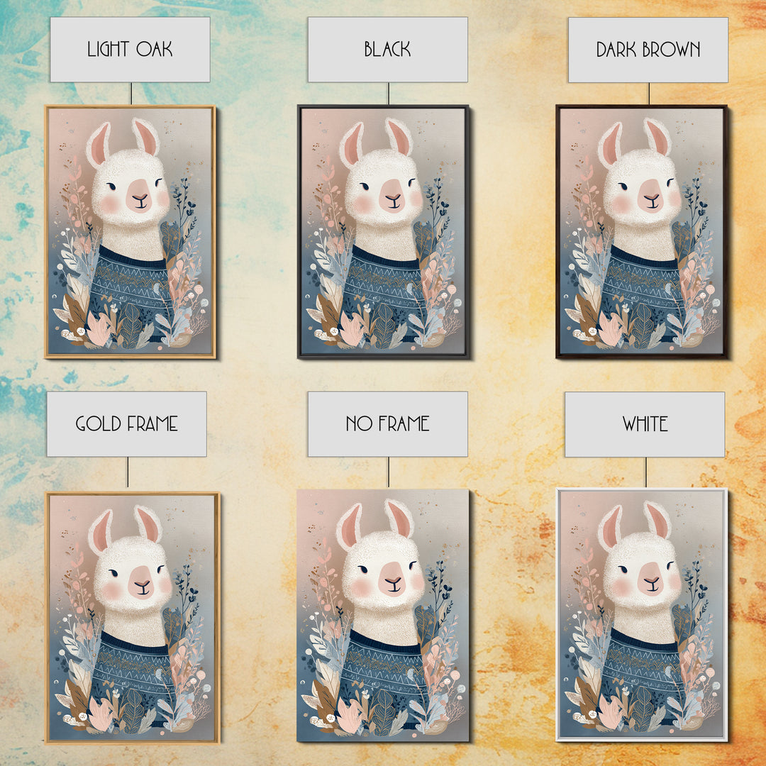 Cute Llama with Blanket Pattern Framed Canvas Print, Nursery Decor, Wall, Oil Painting, Nursery, Nursery Wall Decals, NDE-2x3-53