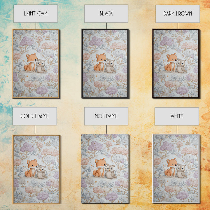 Fox and Owl Friends Canvas Print, Nursery Decor, Framed Wall Art, Oil Painting, Nursery, Safari Nursery Decor, Floral Wallpaper, NDE-2x3-70