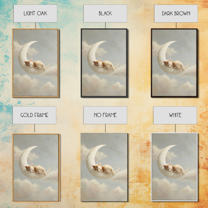 Sleeping Kitten on Crescent Moon Framed Canvas Print, Nursery Decor, Botanical Wall Art, Fine Art, Nursery, Neutral Decor, NDE-2x3-73