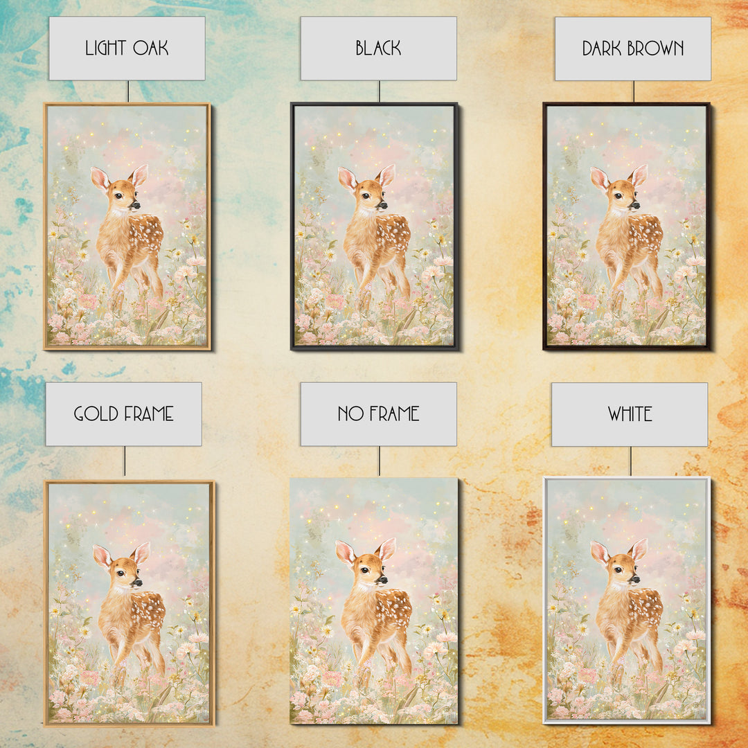 Baby Deer in Meadow with Fireflies Framed Canvas Print, Nursery Decor, Wall Decal, Nursery, Wall Light, Girl Nursery Decor, NDE-2x3-78
