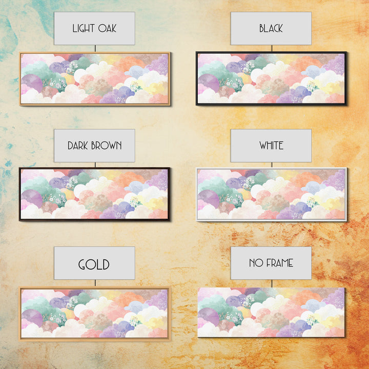 Pastel Rainbow with Soft Cloud Shapes Framed Canvas Print, Nursery Decor, Boho Decor, Fine Art, Nursery, Nursery Wall Art, NDE-3x1-89