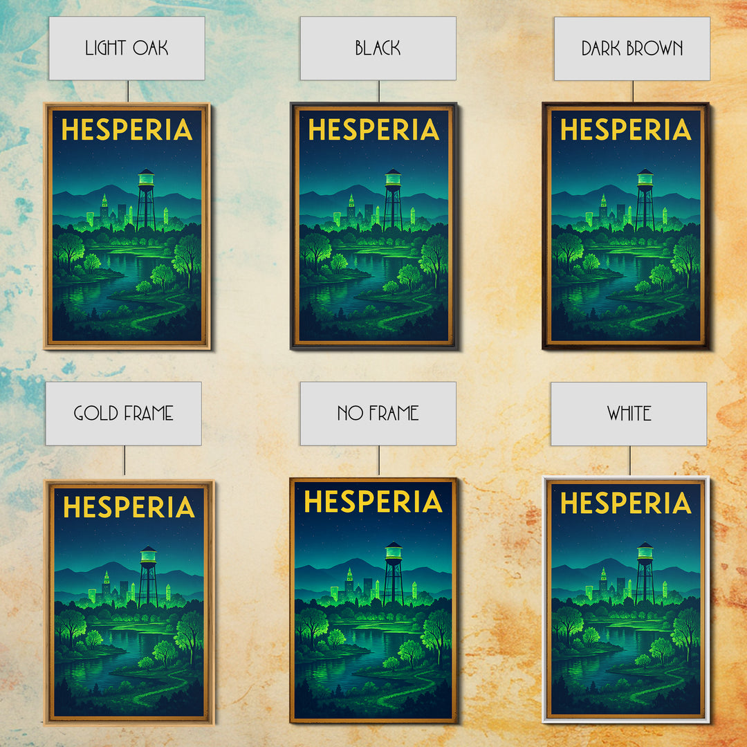 Hesperia Travel Poster, Framed Canvas Print, Electric Night Poster Art, Hesperia Travel Art, Vintage Travel Art, Living Room Wall Art