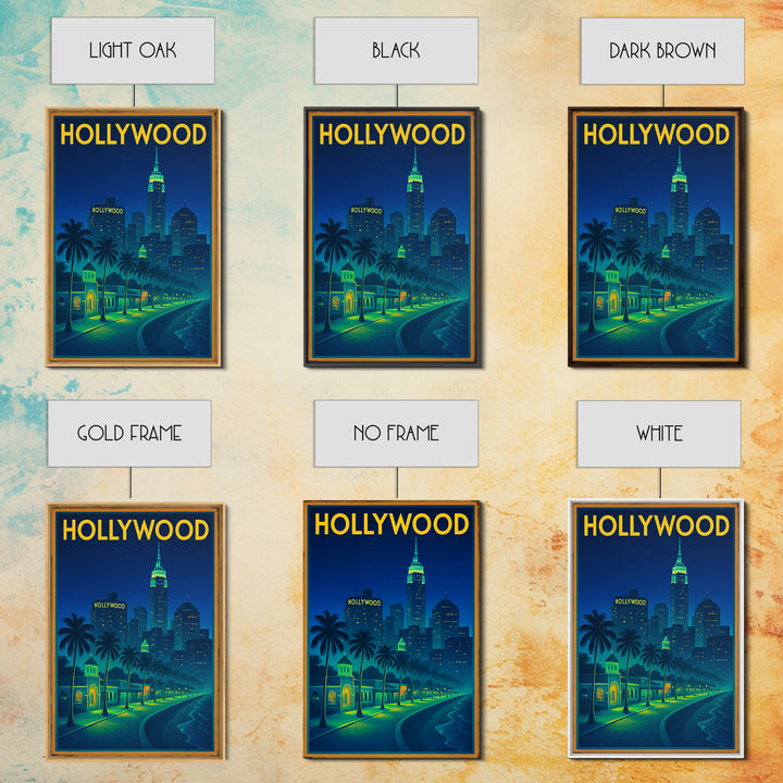 Hollywood Travel Poster, Canvas Print, Retro Neon Travel Art, Hollywood City Art, Travel Wall Art, Travel Wall Decor, City Art Print