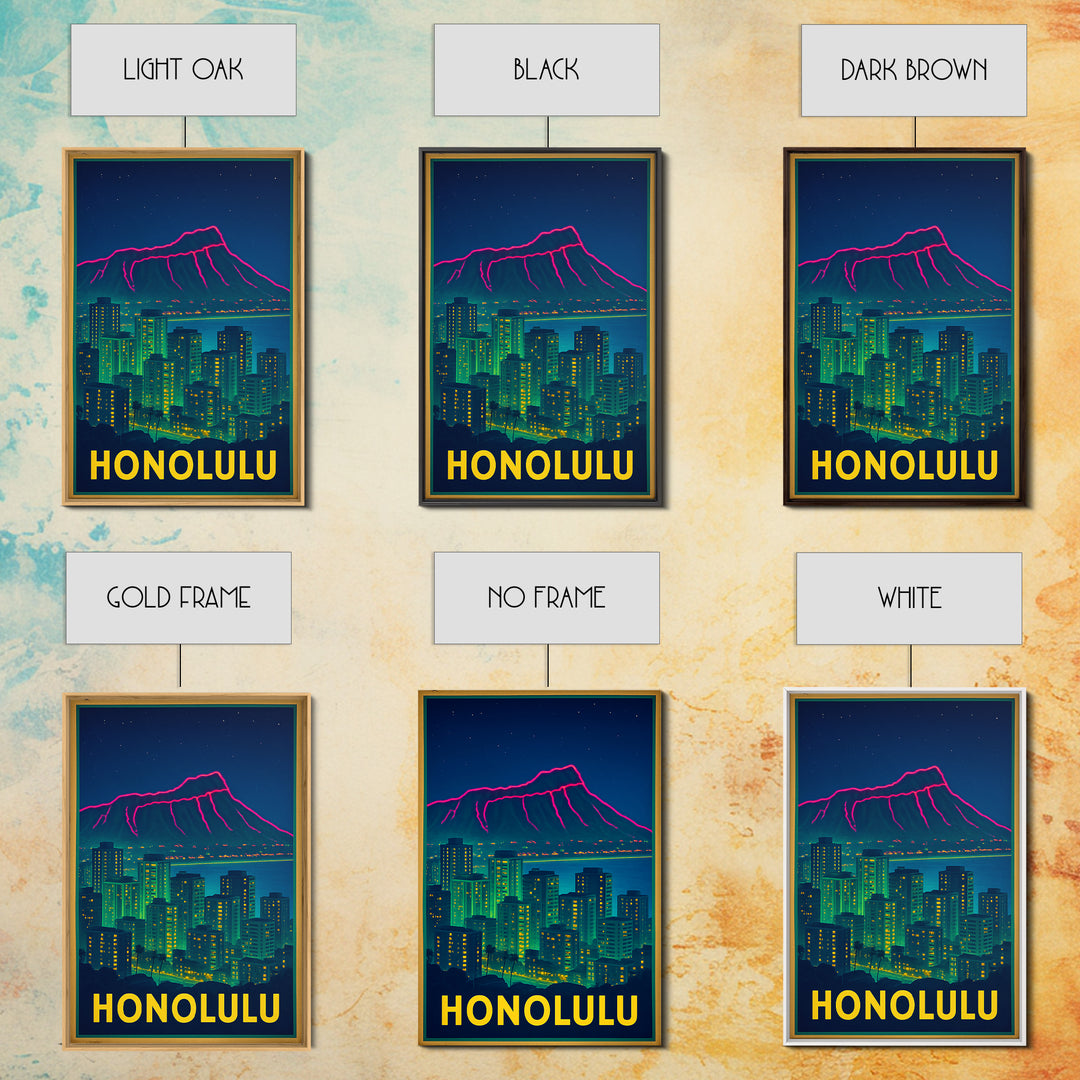 Honolulu Hawaii Travel Poster, Framed Canvas Print, Retro Neon Travel Art, Honolulu City Art, Living Room Wall Art, City Illustration