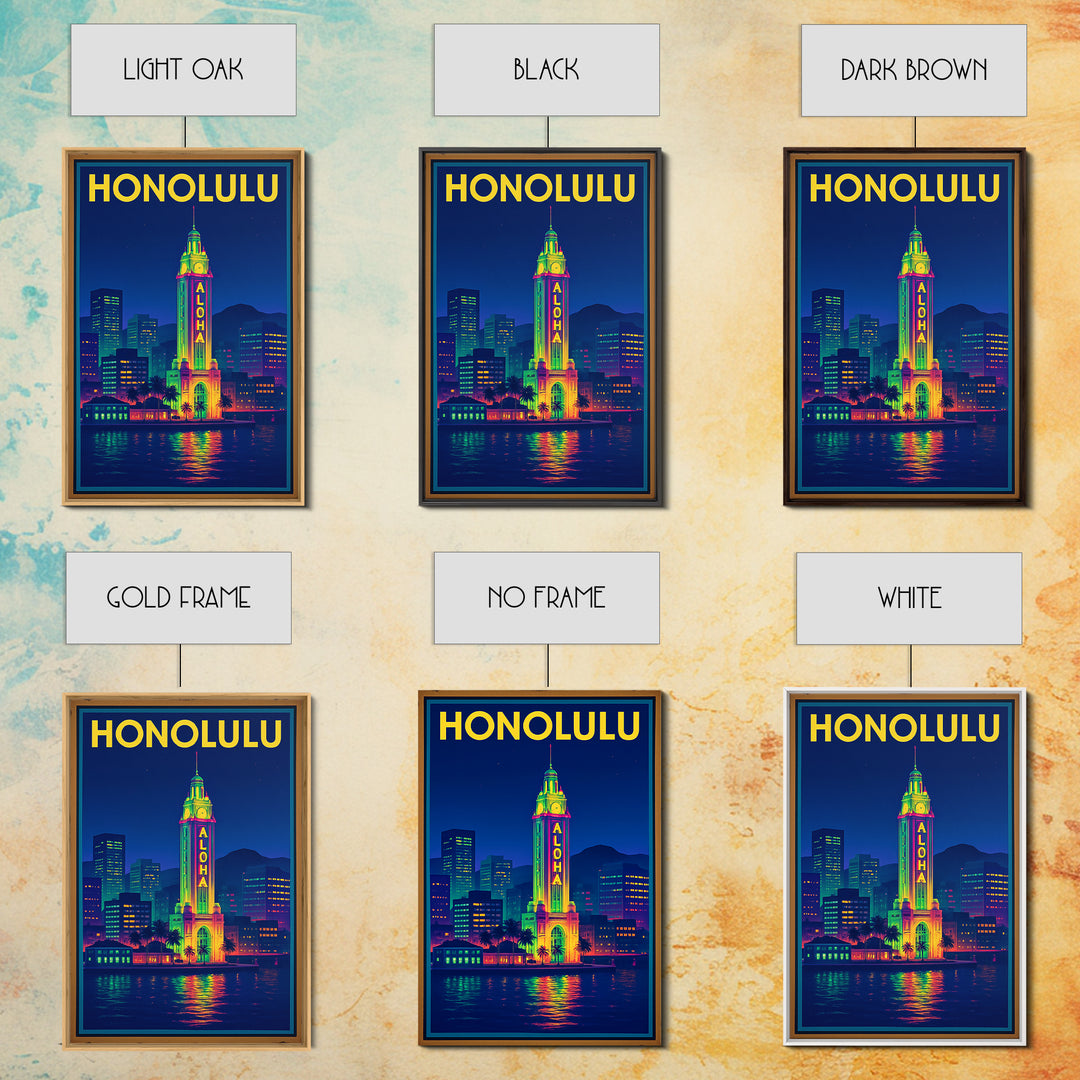 Honolulu Travel Poster, Framed Canvas Print, Neon Cityscape Wall Art, Honolulu Wall Art, City Illustration, Vintage City Art, Art Print