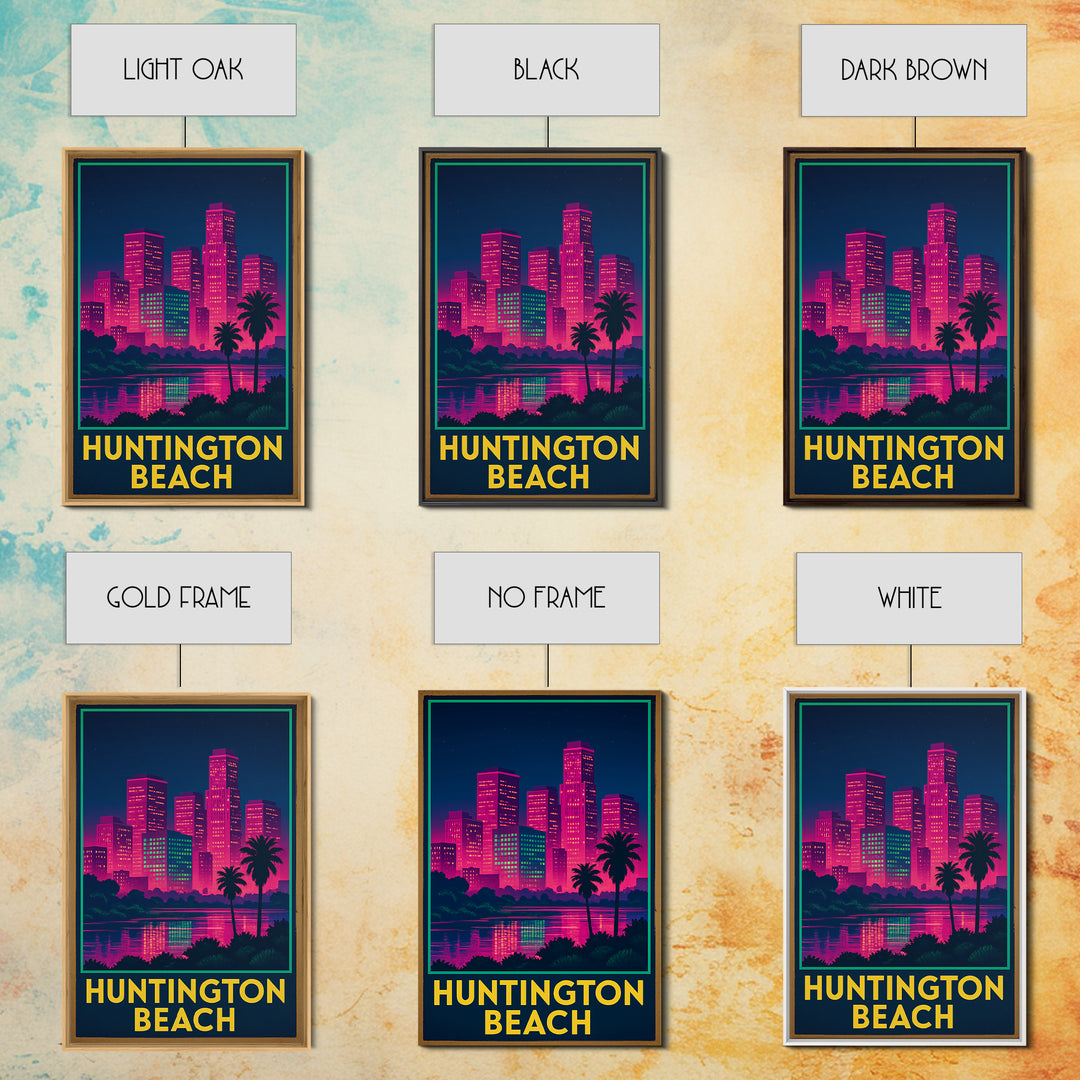 Huntington Beach California Travel Poster, Canvas Print, Electric Night Poster Art, Huntington Beach Travel Art, Office Decor