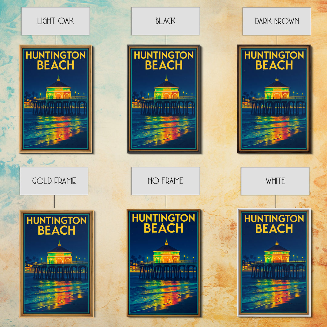Huntington Beach Travel Poster, Framed Canvas Print, Neon City Skyline Wall Art, Huntington Beach Art Print, Vintage City Poster, Design 2