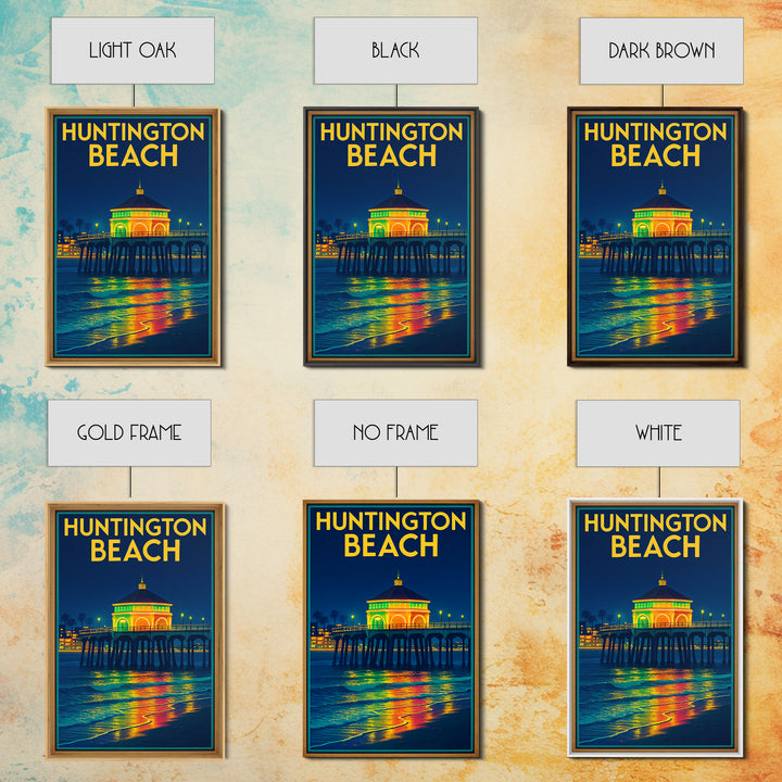 Huntington Beach Travel Poster, Framed Canvas Print, Neon City Skyline Wall Art, Huntington Beach Art Print, Vintage City Poster, Design 2