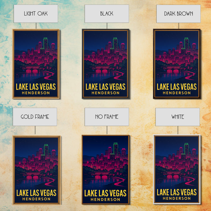Lake Las Vegas Travel Poster, Framed Canvas Print, Neon Cityscape Wall Art, Lake Las Vegas Poster Print, Fine Art Print, Travel Wall Decor